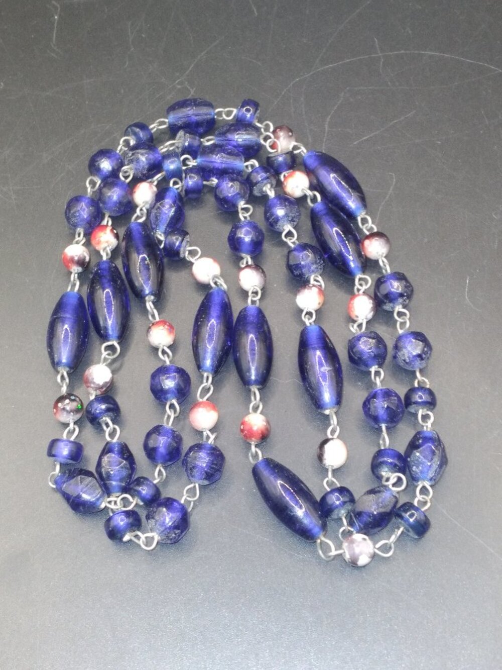 Vintage Colbalt Blue Glass Beads Necklace with White marble Glass Spacers